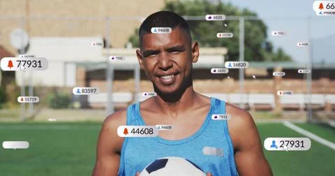 Image of multiple notification bars, portrait of biracial male soccer player Stock Illustration