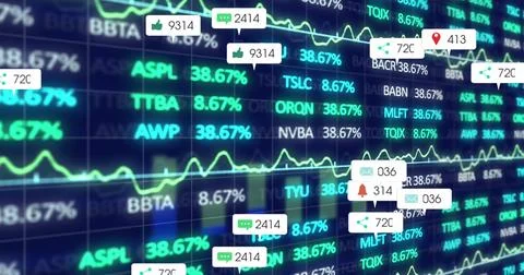 Image of multiple notification bars, trading board and graph over abstract Stock Photos