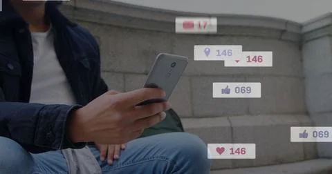 Image of multiple notification icons with changing numbers over biracial man Stock Photos