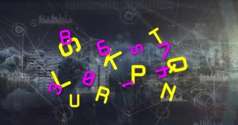 Image of multiple numbers and alphabets over network of connections against dark Stock Photos