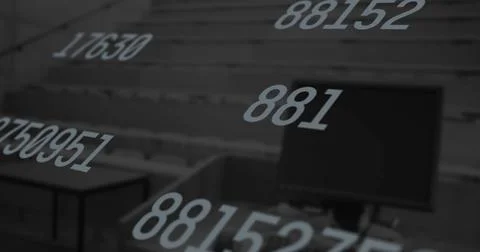 Image of multiple numbers changing over computer and empty university room Illustrazione stock