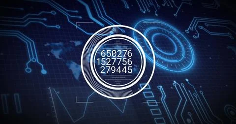 Image of multiple numbers in circles over radar, circuit board pattern, map and Stock Photos