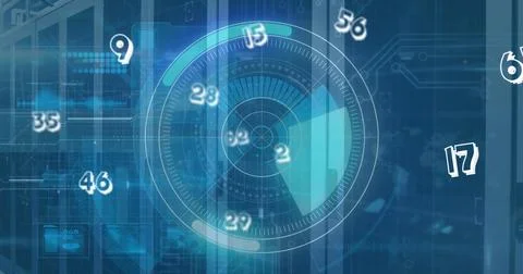Image of multiple numbers floating over round scanner against computer server Stock Photos