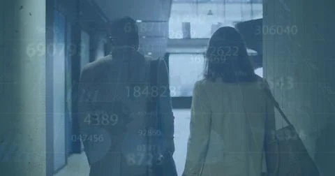 Image of multiple numbers, loading circle, rear view of diverse coworkers Stock Photos
