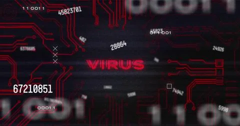 Image of multiple numbers, virus text and glitch technique over circuit board Stock Photos
