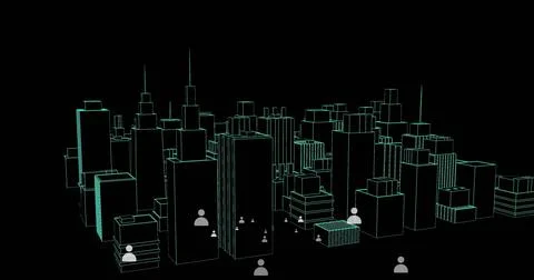 Image of multiple people icons over 3d city model Stock Photos
