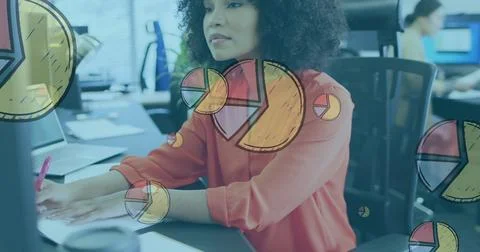 Image of multiple pie graph icons floating over african american woman taking Stock Photos
