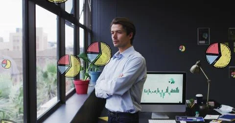 Image of multiple pie graph icons over thoughtful caucasian man looking out of Stock Photos