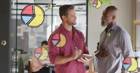 Image of multiple pie graph icons over two diverse men smiing while discussing Stock Photos