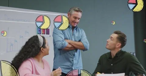 Image of multiple pie graph icons over diverse colleagues discussing together at Stock Photos