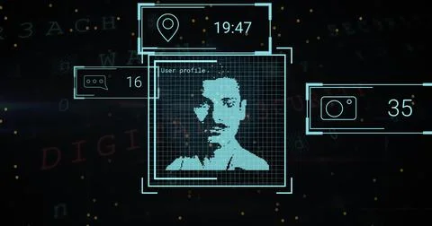 Image of multiple profile icons with data processing against yellow spots on Stock Illustration