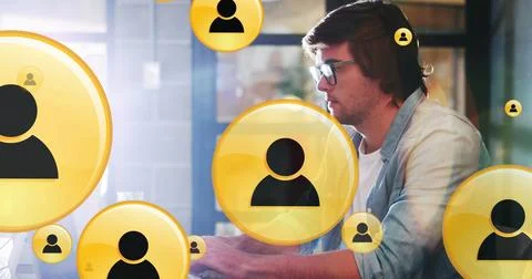 Image of multiple profile icons over caucasian programmer frustrated as unable Stock-Fotos