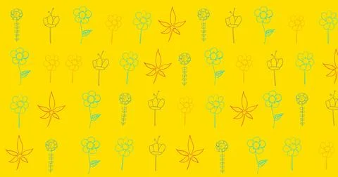 Image of multiple red and green flowers moving over yellow background 스톡 일러스트