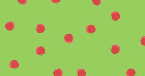 Image of multiple red apples rotating and falling on green background Stock Illustration