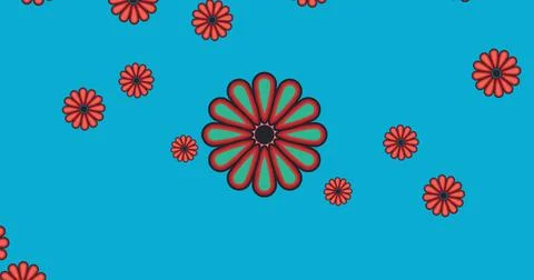 Image of multiple red flowers moving over blue background Ilustração Stock