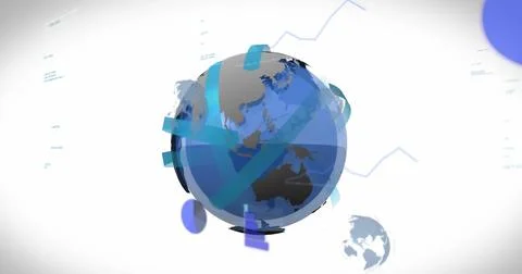 Image of multiple rotating globes, computer language and graphs over white 스톡 일러스트