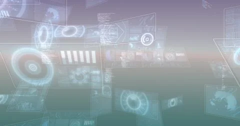 Image of multiple round scanners and data processing against gradient background Stock Photos