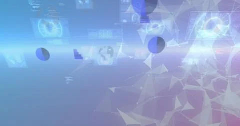 Image of multiple round scanners and data processing over plexus networks on Stock Photos