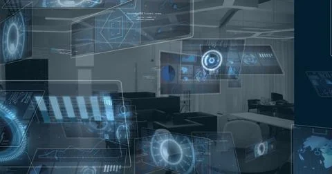 Image of multiple round scanners and data processing against empty office Stock Photos