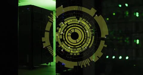 Image of multiple round scanners spinning against computer server room Foto stock