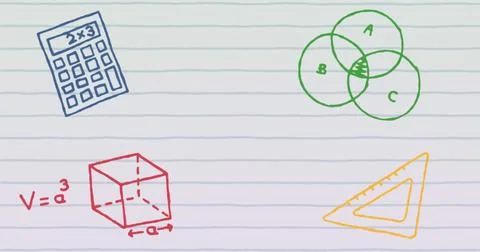 Image of multiple school concept icons against copy space on white lined paper Stockillustratie