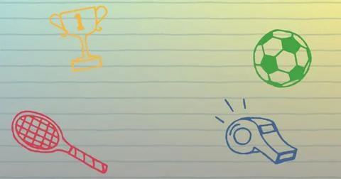 Image of multiple school concept icons against copy space on white lined paper 스톡 일러스트