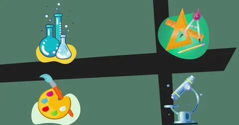 Image of multiple school concept icons against cross stripes on green background Fotos de archivo