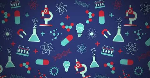 Image of multiple science concept icons against copy space on blue background Stock Photos