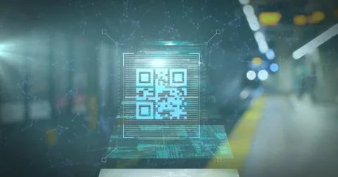 Image of multiple screens with data processing and qr code scanner over train at Stockillustratie