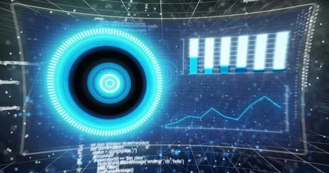 Image of multiple screens with data processing and dna structure against network Stock Illustration