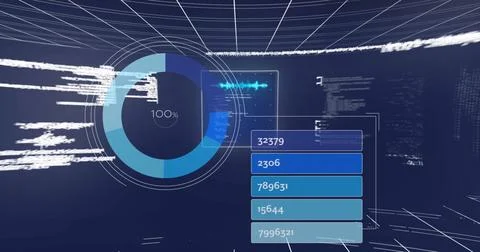 Image of multiple screens with data processing over grid network against bl.. Stock-Fotos