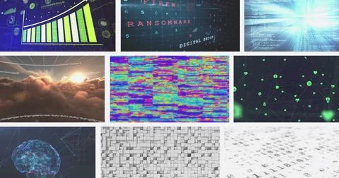 Image of multiple screens with data processing against white background Stockfoto's