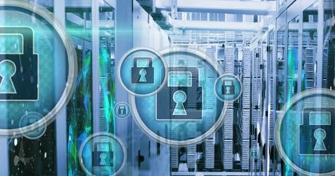 Image of multiple security padlock icons floating against data processing over Stock Illustration