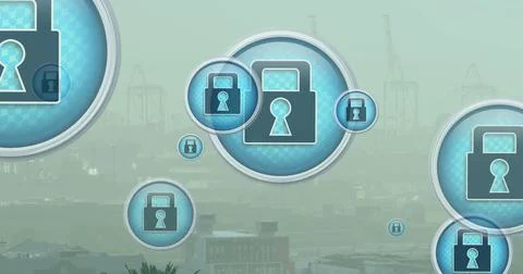 Image of multiple security padlock icons floating against aerial view of 스톡 사진