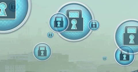 Image of multiple security padlock icons floating against aerial view of 写真素材
