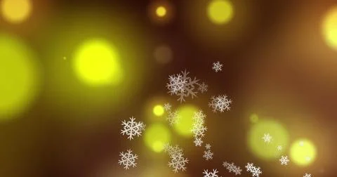 Image of multiple snowflakes icons falling over yellow spots of light against Illustrazione stock