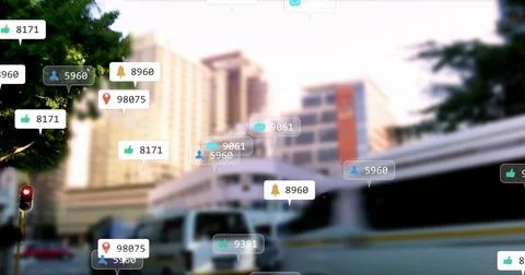 Image of multiple social media icons against time-lapse of city traffic Stock Illustration