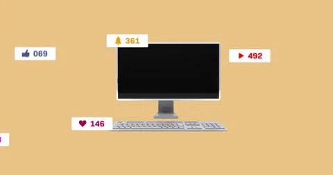 Image of multiple social media networking icons over desktop computer on beige Stock Photos