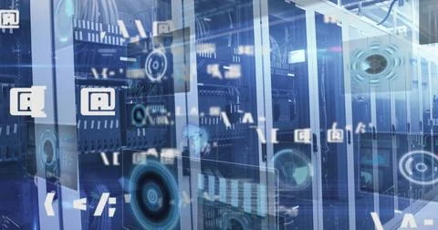 Image of multiple symbols, radars, globes and computer language over server Stock Illustration
