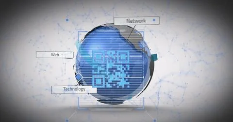 Image of multiple text around rotating globe over connected dots against white Illustrazione stock