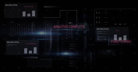 Image of multiple texts, lens flares, bar graphs and dots forming abstract 스톡 사진