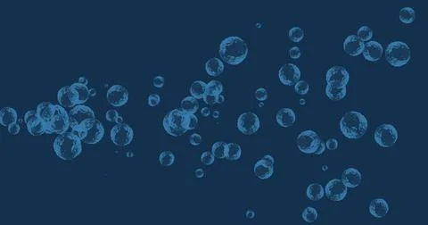 Image of multiple translucent blue bubbles floating across blue background Illustrazione stock