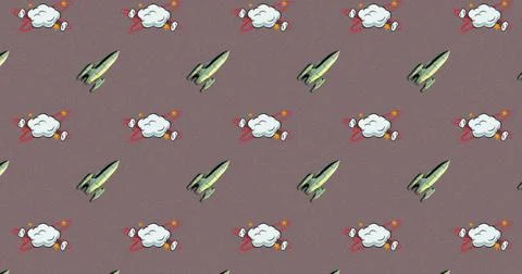 Image of multiple vintage comic cartoon space rocket and cloud icons on brown Illustrazione stock