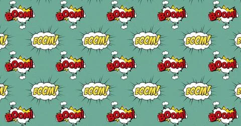 Image of multiple vintage comic cartoon speech bubbles with Boom! text moving イラスト素材
