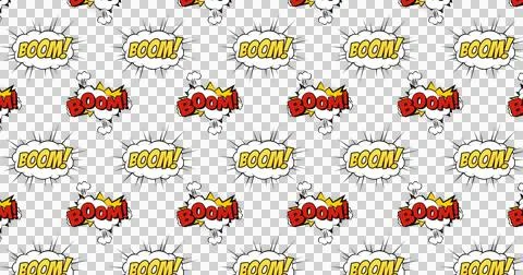 Image of multiple vintage comic cartoon speech bubbles with Boom! text moving Stock Illustration