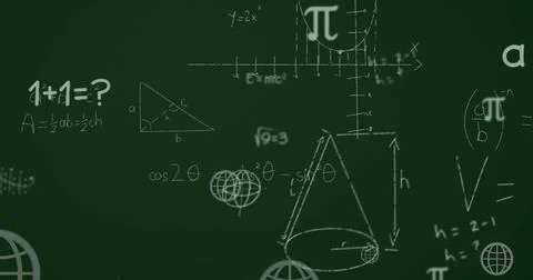 Image of multiple web globe icons and mathematical equations floating against Stock Photos