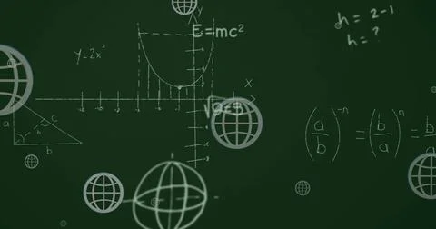 Image of multiple web globe icons and mathematical equations floating against Stock Photos