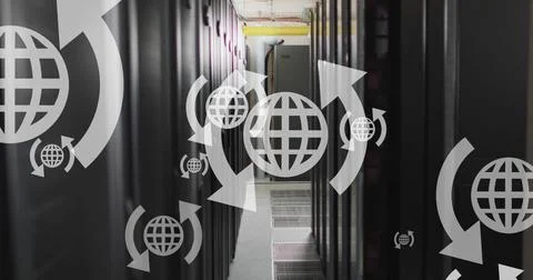 Image of multiple web globe icons floating against computer server room Stock Photos