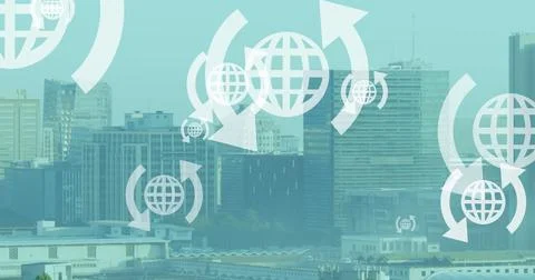 Image of multiple web globe icons floating against aerial view of cityscape Stock Photos