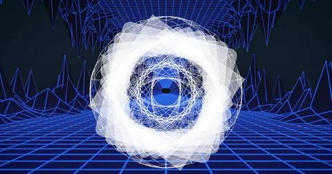 Image of multiple white geometric shapes spinning on seamless loop with blue Stock Illustration